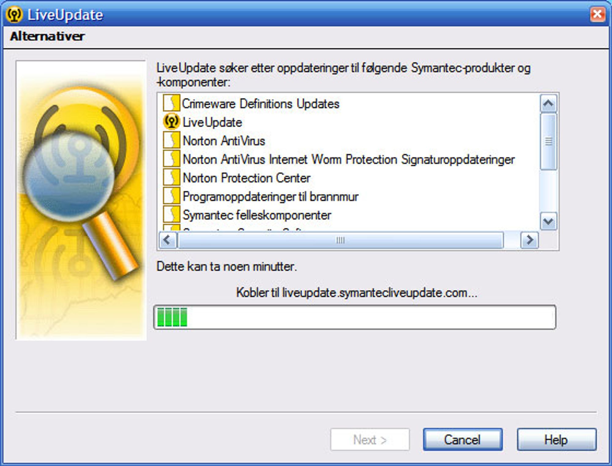 Norton bruker LiveUpdate for å hente oppdateringer til programmet. Klikk på bildet for større versjon