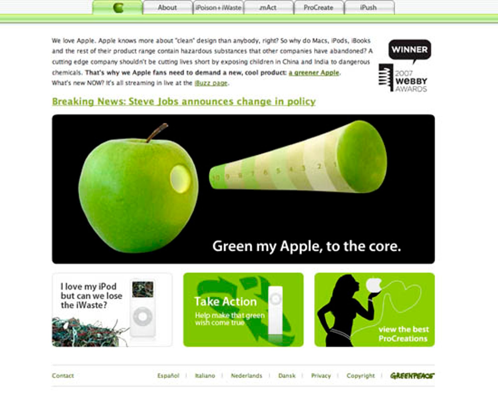 Skjermdump av Greenpace' egen Applewebside.