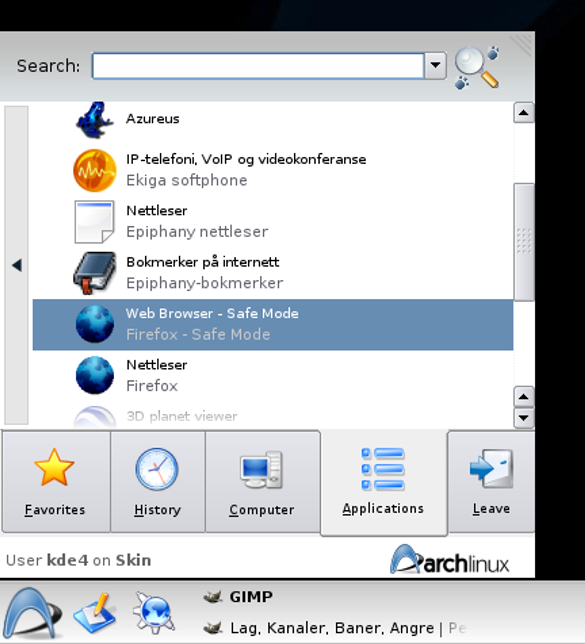 En modifisert utgave av KDE menyen.