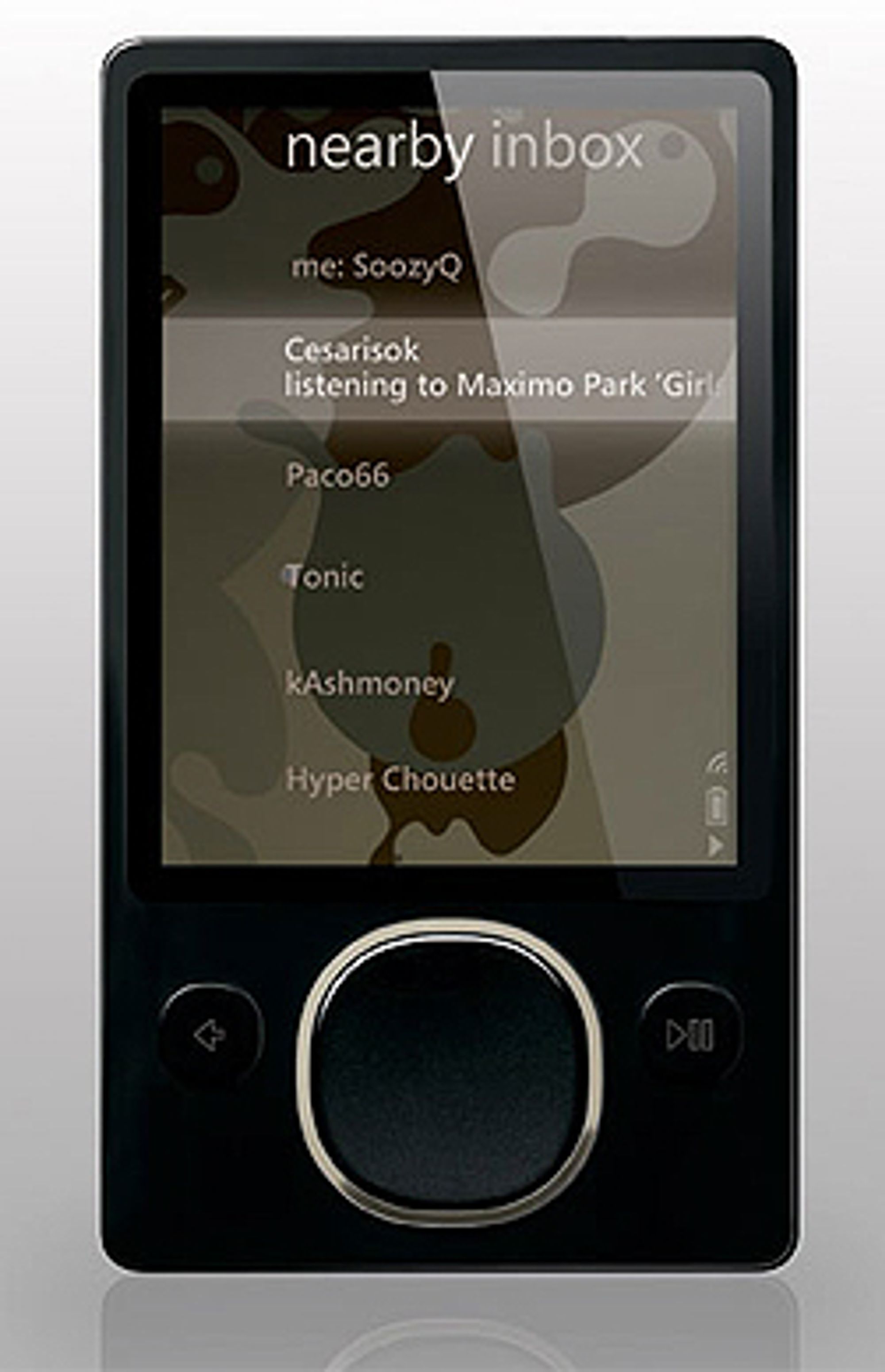 Zune 80 kan synkroniseres mot PC-en din over hjemmenettverket. Men det er ikke mulig å kjøpe musikk rett fra spilleren.