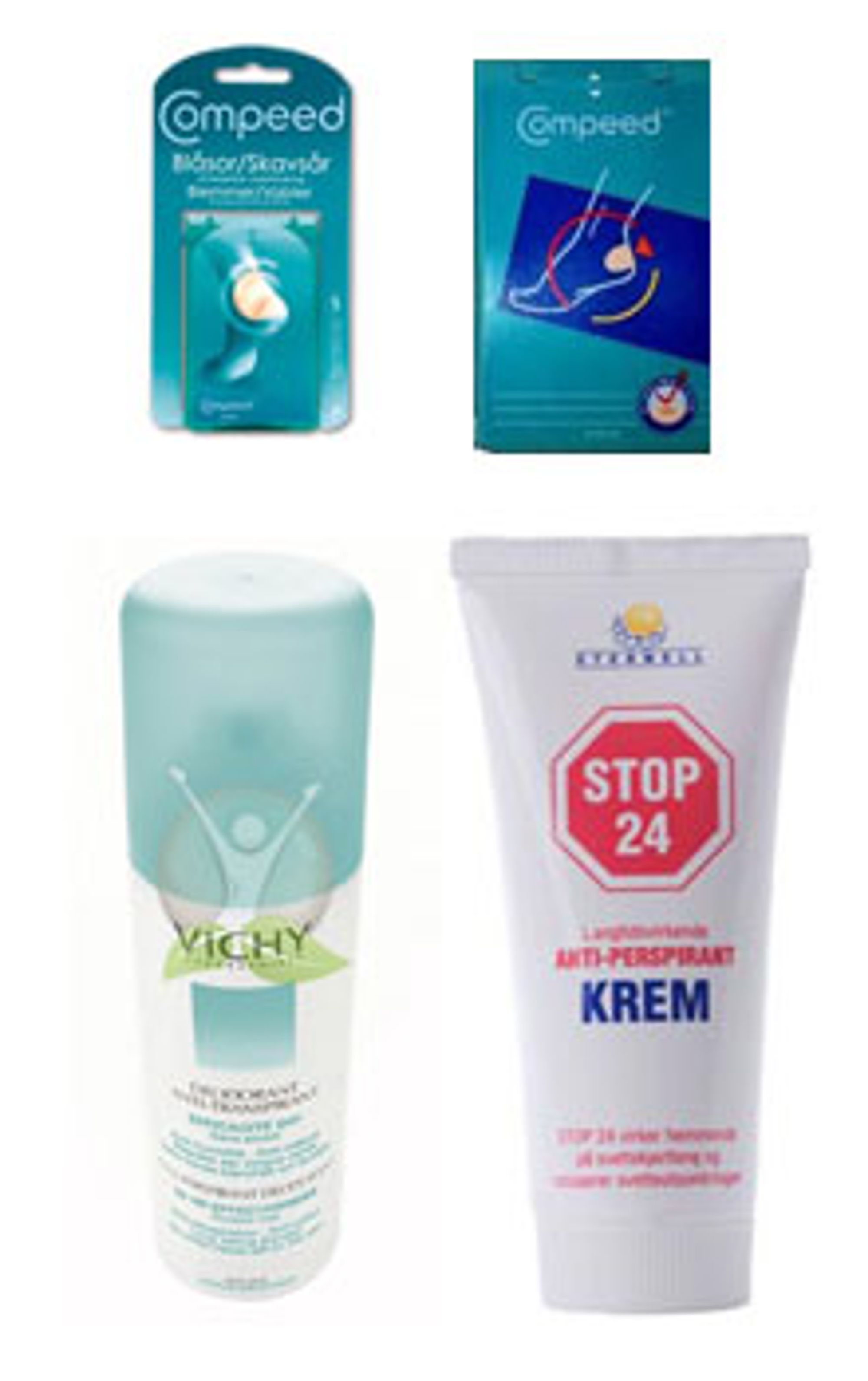 Gnagsårplaster kan forebygge og beskytte mot flere sår, antiperspirant gjør føttene mindre fuktige og hindrer at reimer gnager. Foto: Produsentene