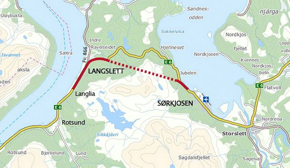 Sørkjostunnelen hadde blitt den lengste i Troms en stund hvis den opprinnelig framdriftsplanen hadde holdt. Slik går det ikke. Den 5,8 km lange Nordnestunnelen i Kåfjord blir åpnet før den. (Ill.: Statens vegvesen)