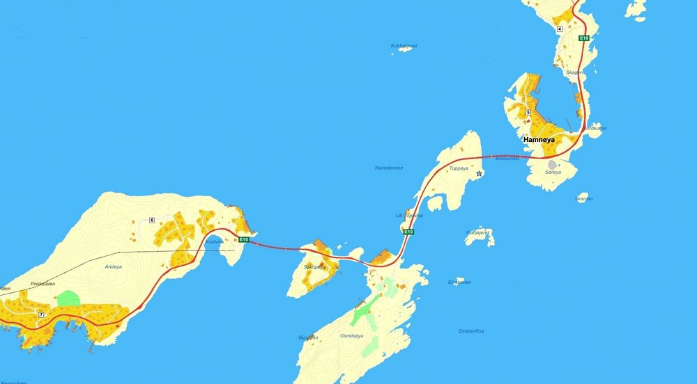 De to bruene to E10 ligger svært utsatt til i Moskenes kommune ytterst i Lofoten. (Ill:: Gule sider)