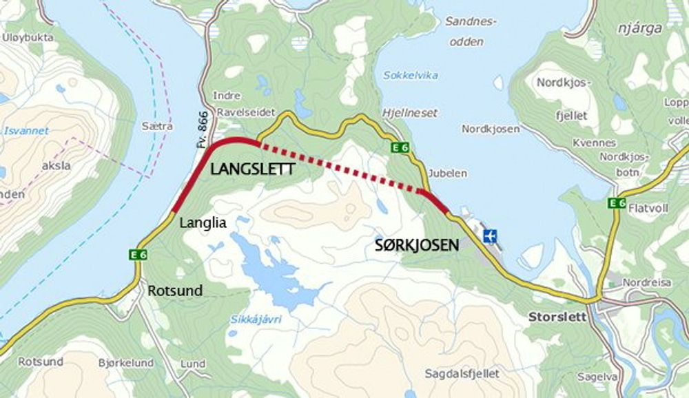 Prosjektet omfatter tunnel gjennom Sørkjosfjellet og utbedring av veg Langli-Langslett, inkludert kryss E6/fv. 866 Langslett, en strekning på totalt 10,5 km.