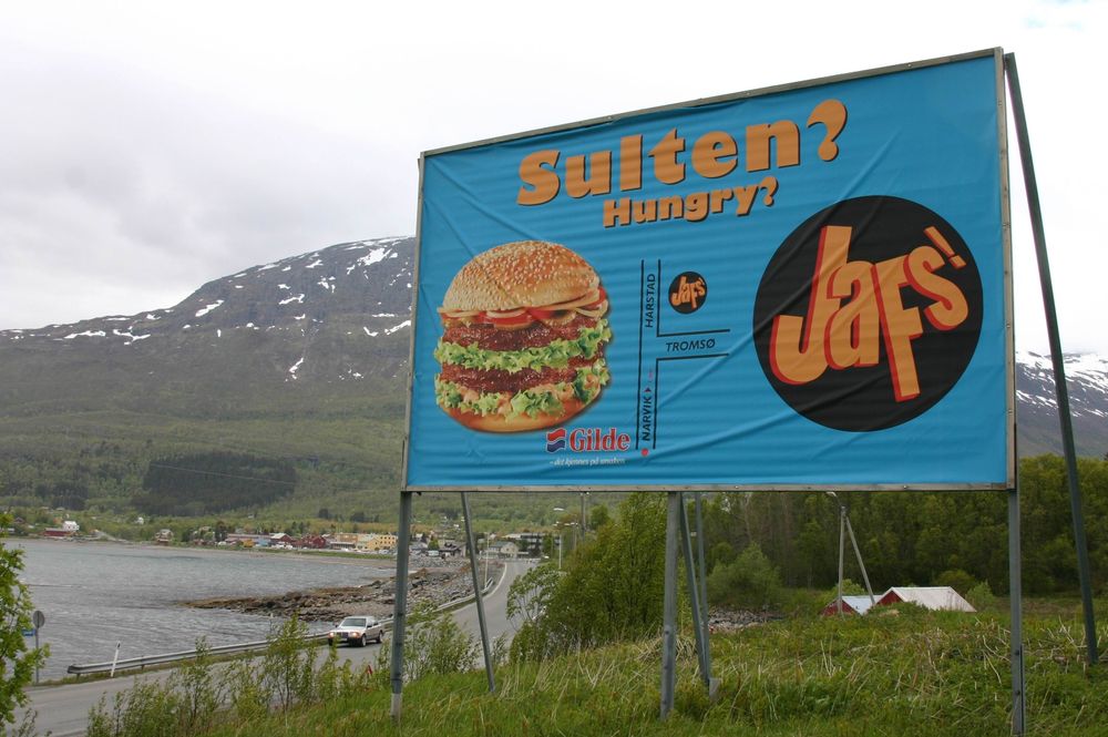 Vegvesenet aksjonerer: Dette reklameskiltet på E10 ved Bjerkvik måler 2,5 ganger 5 meter og er ulovlig oppsatt. Foto: Yngve Jacobsen