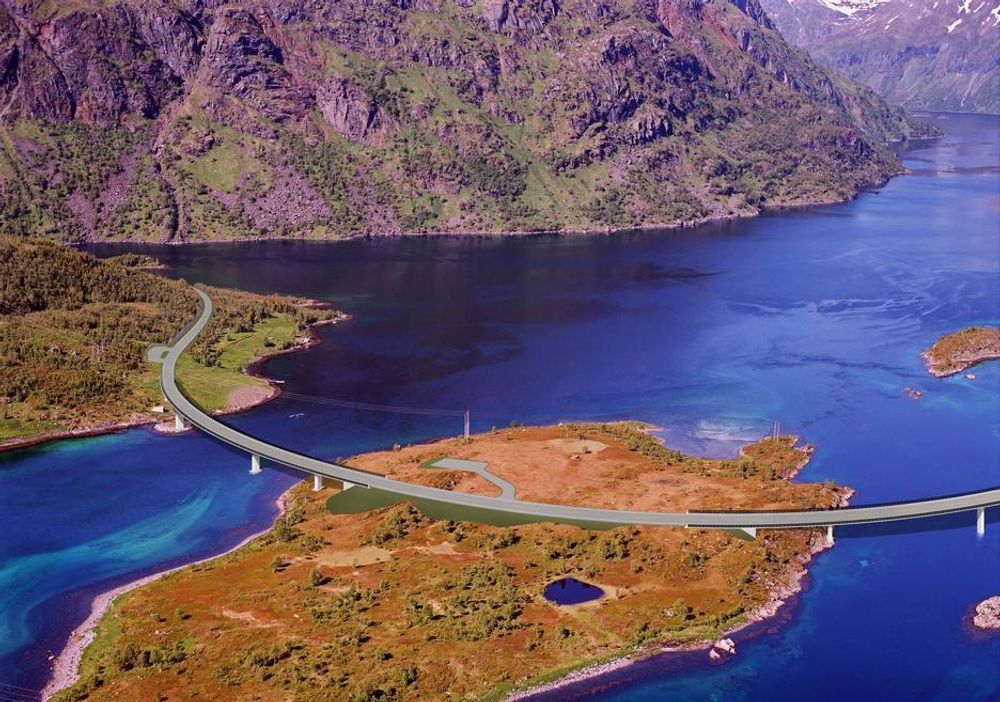 Bruene over Øksfjorden skal bygges i spektakulære omgivelser. Mesta ble den heldige vinneren av kontrakten.