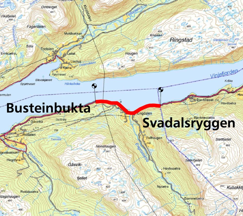 Ikke mindre enn 200 000 kbm skal ta ut på den 2,6 km lange strekningen mellom Busteinbukta og Svadalsryggen. (Ill.: Statens vegvesen).