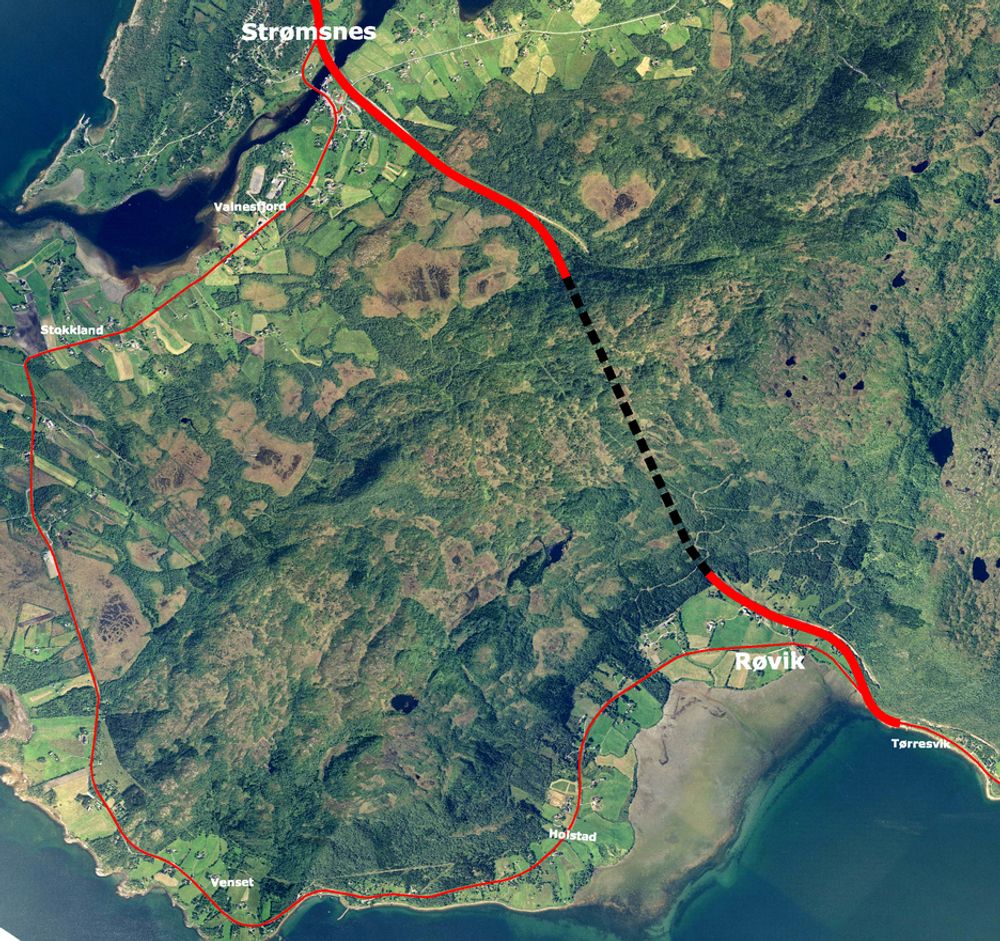 Avstanden mellom Røvik og Strømsnes blir redusert til det halve når den nye rv 80 blir ferdig i 2011. (Ill.: Statens vegvesen)