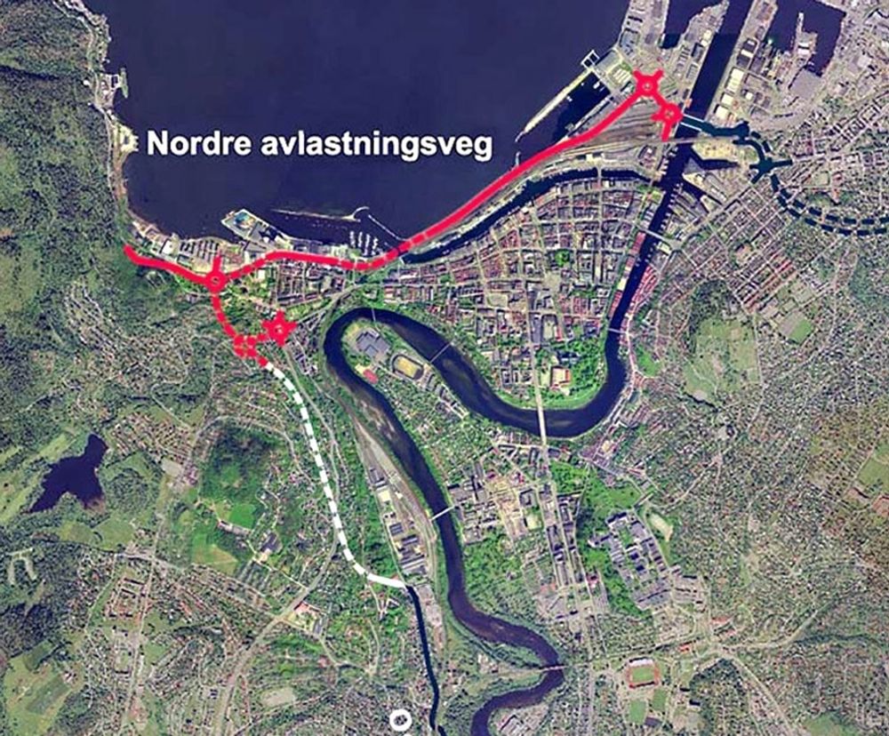 Den stiplete røde linjen til venstre med to rundkjøringer like ved siden av hverandre markerer den delen av Marienborgtunnelen som ble åpnet 15. mars. Den hvite linjen markerer den delen som åpnes om to år. (Ill: Statens vegvesen)