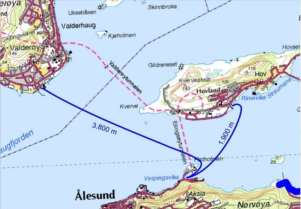 Dette kartet gir ikke et riktig bilde av situasjonen. Den korteste av de blå linjene markerer fergesambandet mellom Flatholmen og Ellingsøy. Det blir det ikke noe av. Den andre markerer sambandet mellom Flatholmen og Valderøy. (Ill.: Statens vegvesen)