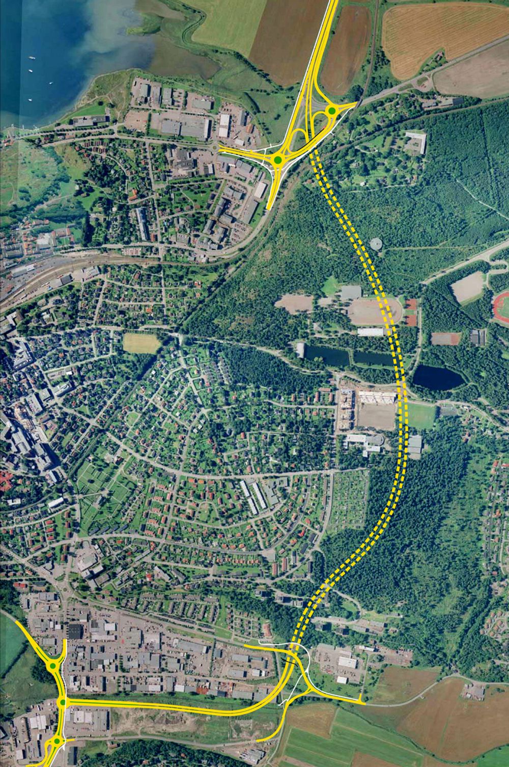 Frodeåstunnelen er markert med gul, stiplet linje. Den inngår i Ringveg nord som vil avlaste bygatene for tankbiler, forhåpentligvis før påske. (Ill.: Statens vegvesen)