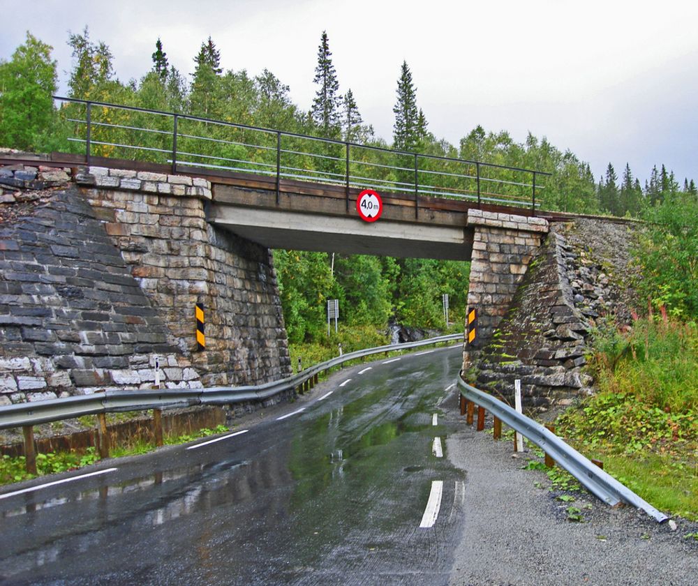 Denne trange undergangen under Nordlandsbanen ved Skogtun i Grane kommune blir fjernet fra E 6 innen 10.10.2010. Som skiltet viser, er den frie høyden 4 meter. Bredden er bare 4,5 meter.