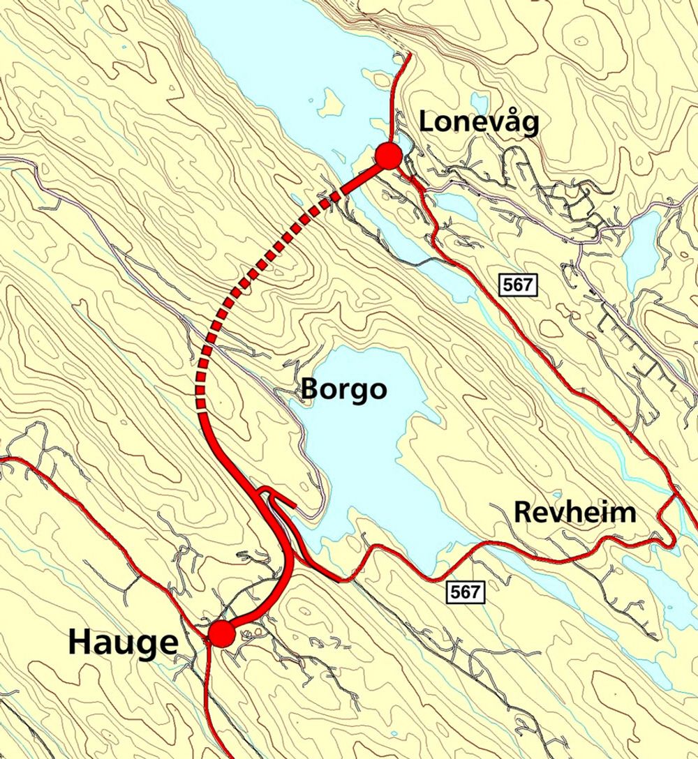 Når strekningen Hauge-Lonevåg blir fullført høsten 2011, får riksveg 567 tilfredsstillende standard fra Osterøybrua til Lonevåg. (Ill.: Statens vegvesen)