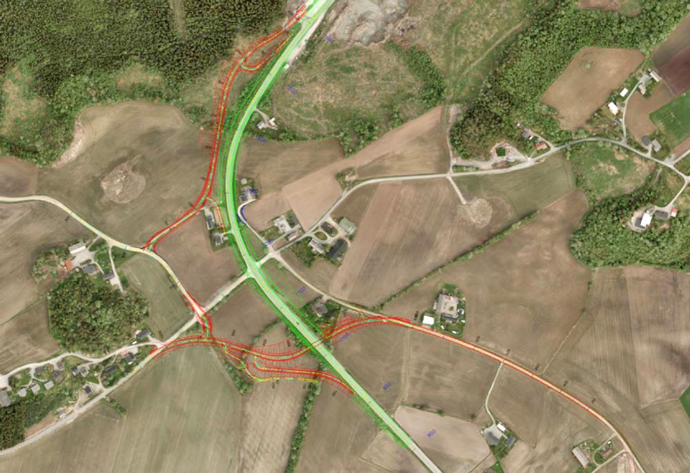 Vegen som er markert med grønt er E 6-strekningen som blir utbedret. De røde vegene er de nye lokalvegene. Ill.: Statens vegvesen