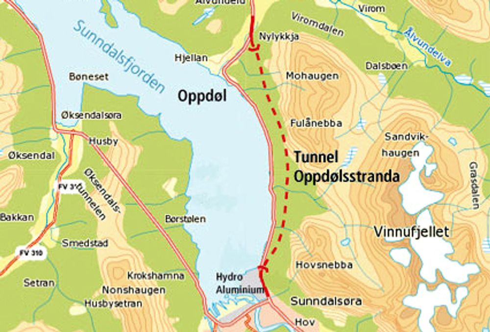 En 7,5 km lang tunnel skal eliminere den svært rasfarlige strekningen på riksveg 70 langs Oppdølstranda en gang for alle. (Ill.: Statens vegvesen)