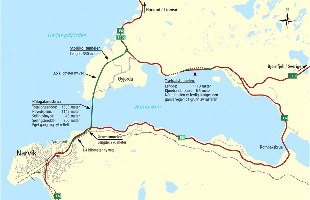 E 6 blir 18 km kortere når Hålogalandsbrua åpnes i 2016. E. Pihl & Søn har gode muligheter til å få kontrakten på tilstøtende veger. (Ill.: Statens vegvesen)