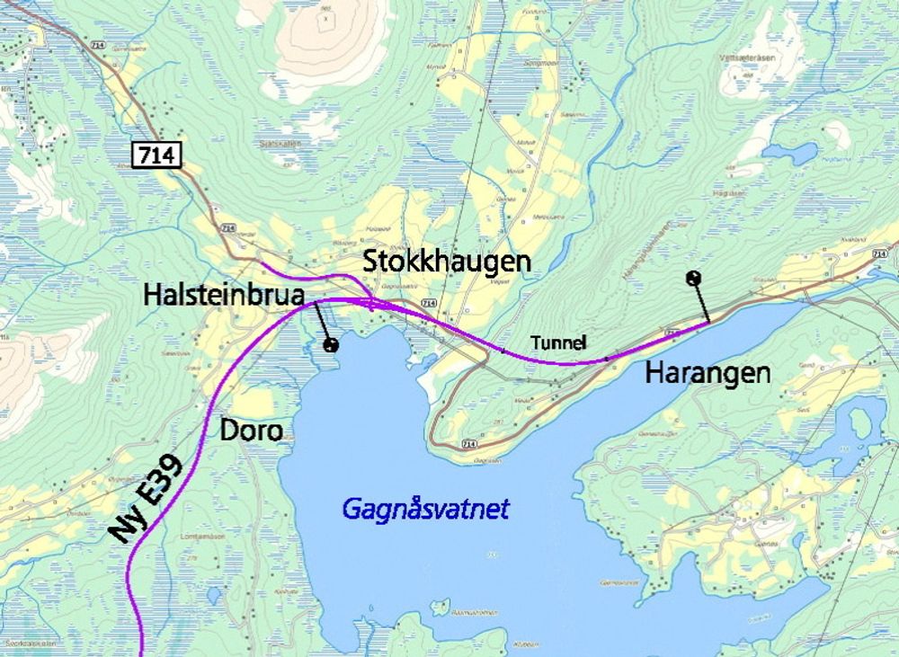 Skanska ligger godt an til å få kontrakten på anlegg av framtidig E 39 mellom Harangen og Halsteinbrua. (Ill.: Statens vegvesen)