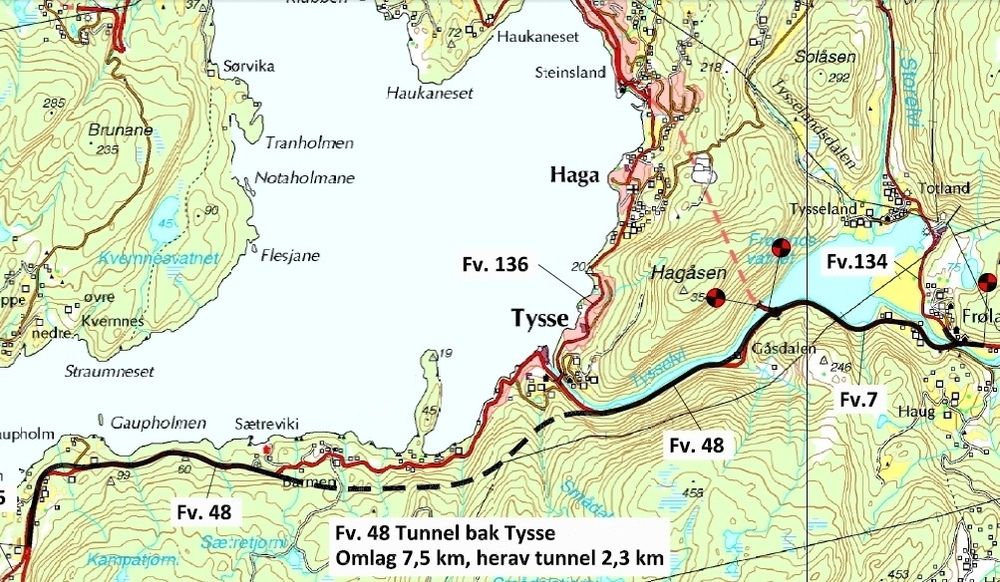 De svarte linjene markerer de nye og de oppgraderte traséene til fylkesveg 48 og fylkesveg 7. (Ill.: Statens vegvesen)