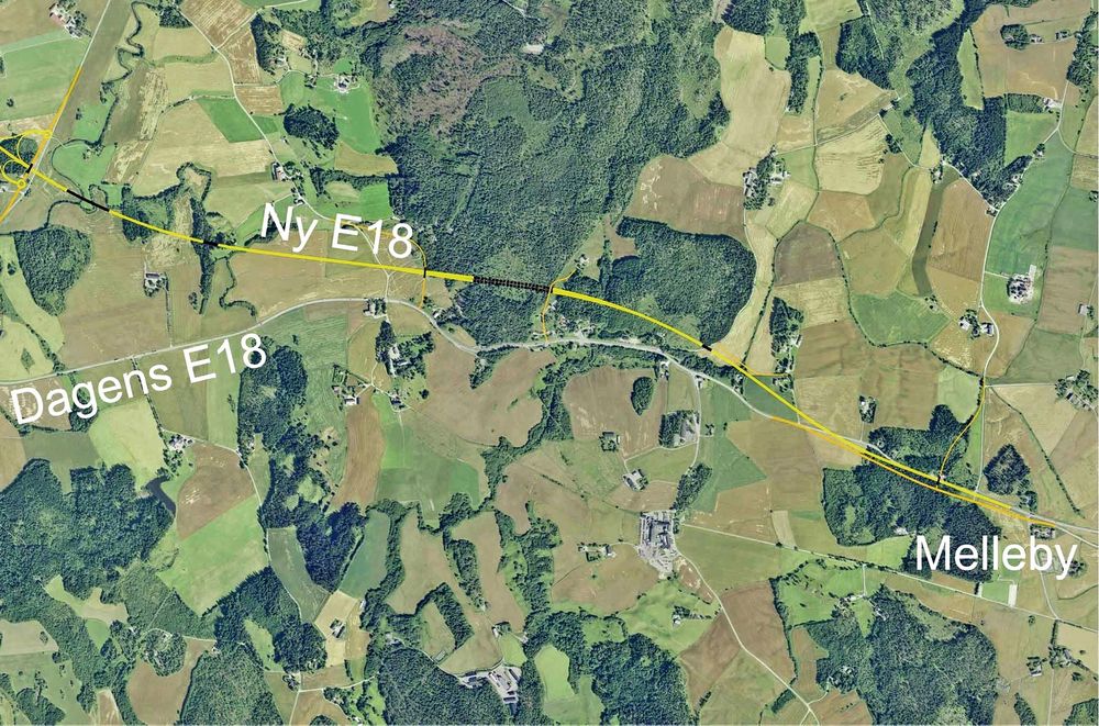 NCC ligger godt an til å få kontrakten på bygging av ny E 18 mellom Homstvedt og Melleby, som er markert med gult. Homstvedt ligger øverst til høyre på kartet. Ill.: Statens vegvesen