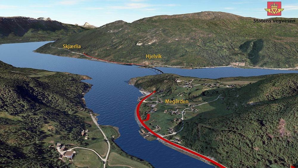 Ei bru fra Megården til Hjelvik fjerner tunneler og korter inn E6 gjennom Sørfold med flere kilometer. Ill. statens vegvesen