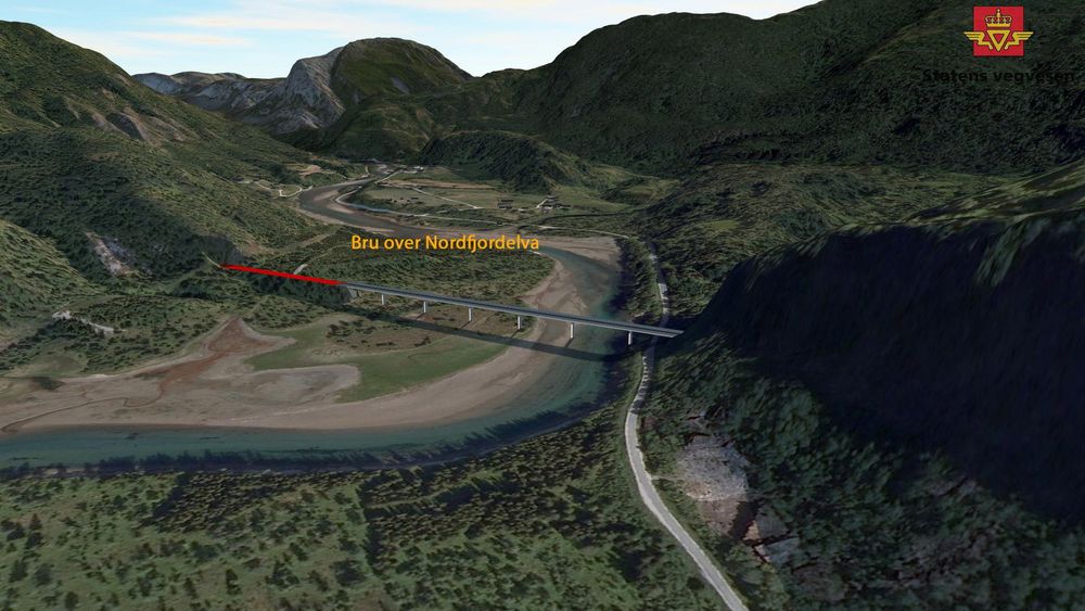 Konsept 2 inneholder foruten en tunnel på 17 kilometer, en ny bru over Nordfjordelva.  Ill: Statens vegvesen