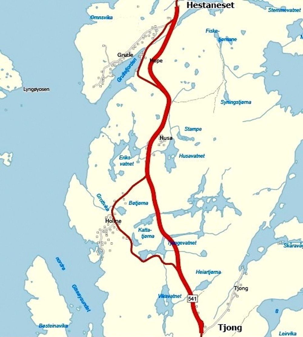 Den tykke røde linjen markerer framtidig fylkesveg 541. Den blir 1,2 km kortere go mye bedre enn dagens svingete og smale veg. (Ill.: Statens vegvesen)