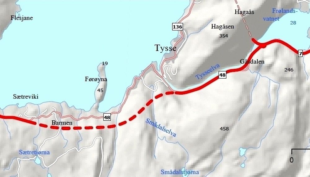 Langs Tysseelva øst for tunnelen har grunnforholdene vist seg å være mye dårligere enn Vegvesenet regnet med. (Ill.: Statens vegvesen)