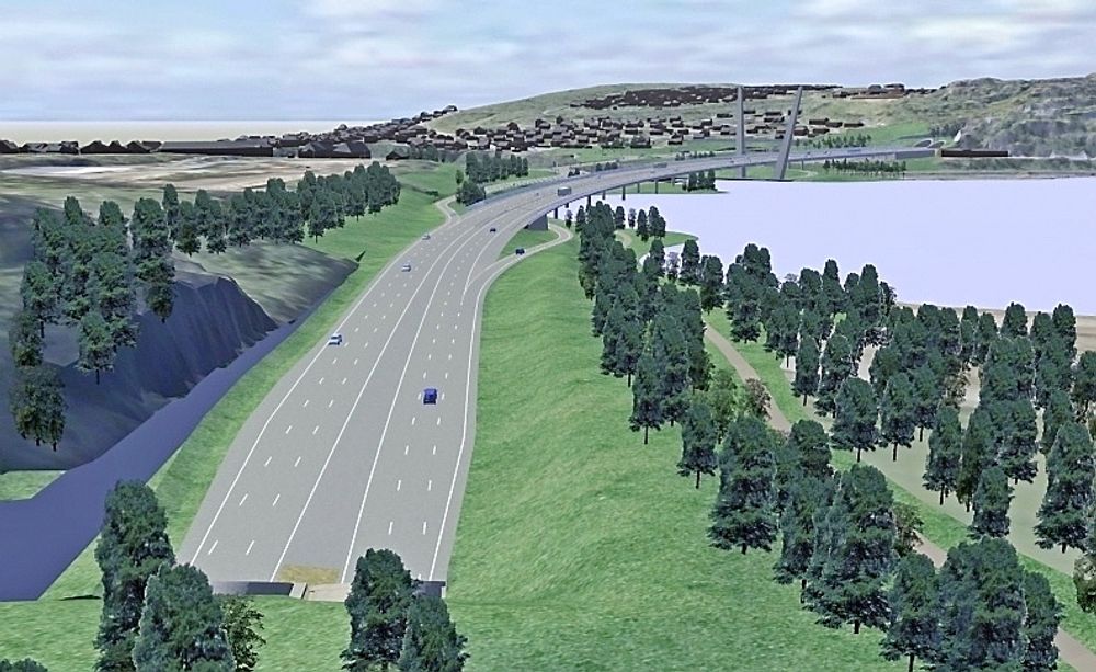 Slik vil den nye E18 se ut vest for Larvikstunnelen. Mye tyder på at den skal anlegges av Skanska. (Ill.: Rambøll)