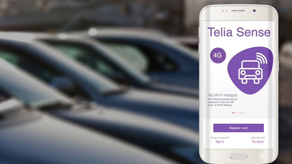 Telia sense styres gjennom mobilen, og gir blant annet muligheten til å dele Internett-tilgang med alle i bilen.