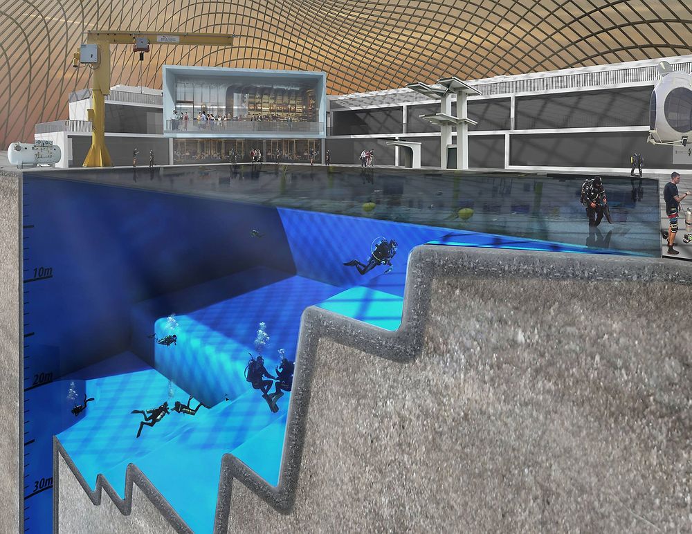 Slik ser planene for Blue Abyss-bassenget som kan komme til å bygges ved University of Essex ut. På det dypeste vil bassenget være 50 meter dypt. 