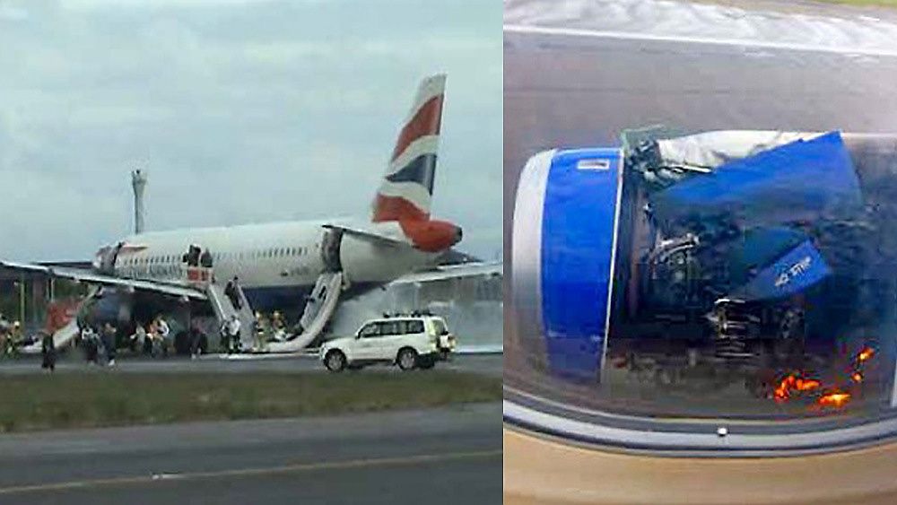 Her evakueres de 75 passasjerene fra A319-131-flyet fra British Airways. Til høyre er den høyre motoren rett etter landing. 