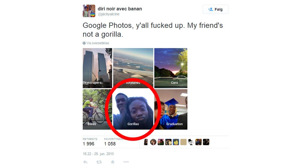 Google har lovet å fikse opp i feilen som gjorde at venneparet ble kategorisert som gorillaer.  