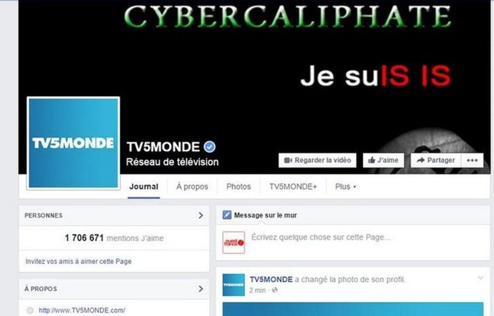 Vandalisert: Skjermdump av TV5Mondes Facebook-profil før de fikk ryddet opp natt til torsdag.