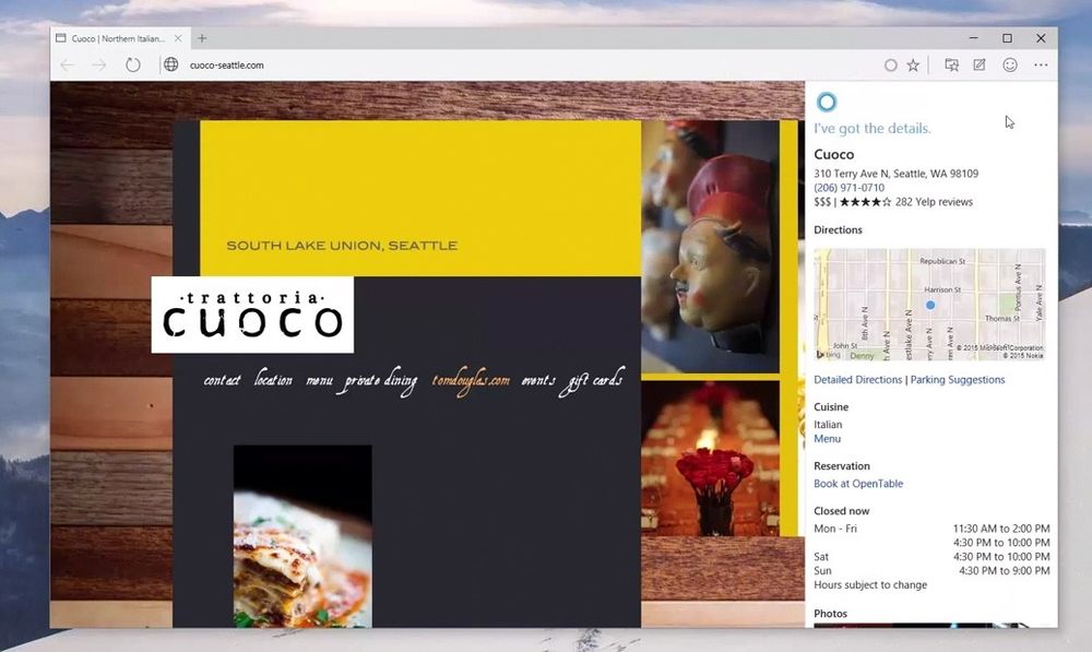 Bildet viser at når man besøker for eksempel nettstedet til en restaurant med Project Spartan, så vil man også bli tilbudt informasjon om denne restauranten fra Cortana.