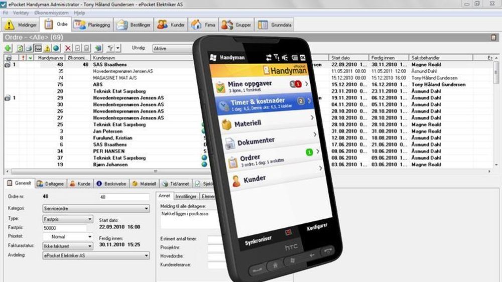ePocket Solutions har vært en pioner innen mobile løsninger for håndverk- og servicebedrifter, med systemer for å effektivisere «papirarbeid», meldinger og rapportering. Denne standardillustrasjonen viser ePocket-appen på en eldre Windows-mobil fra HTC. Utgaven som leveres til ISS kjører på Android.