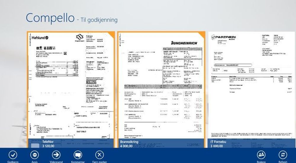 Compellos Windows 8-applikasjon for behandling av elektroniske fakturaer. Bildet viser forskjellige innkomne fakturaer som brukeren kan godkjenne.