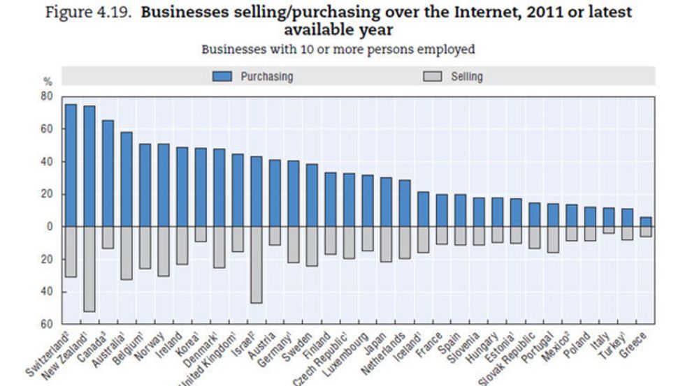 Den digitale økonomien i OECD-landene er preget av et stort gap mellom antall bedrifter som henholdsvis kjøper og selger digitalt. Her er det et stort potensial for bedre økonomisk effektivitet.