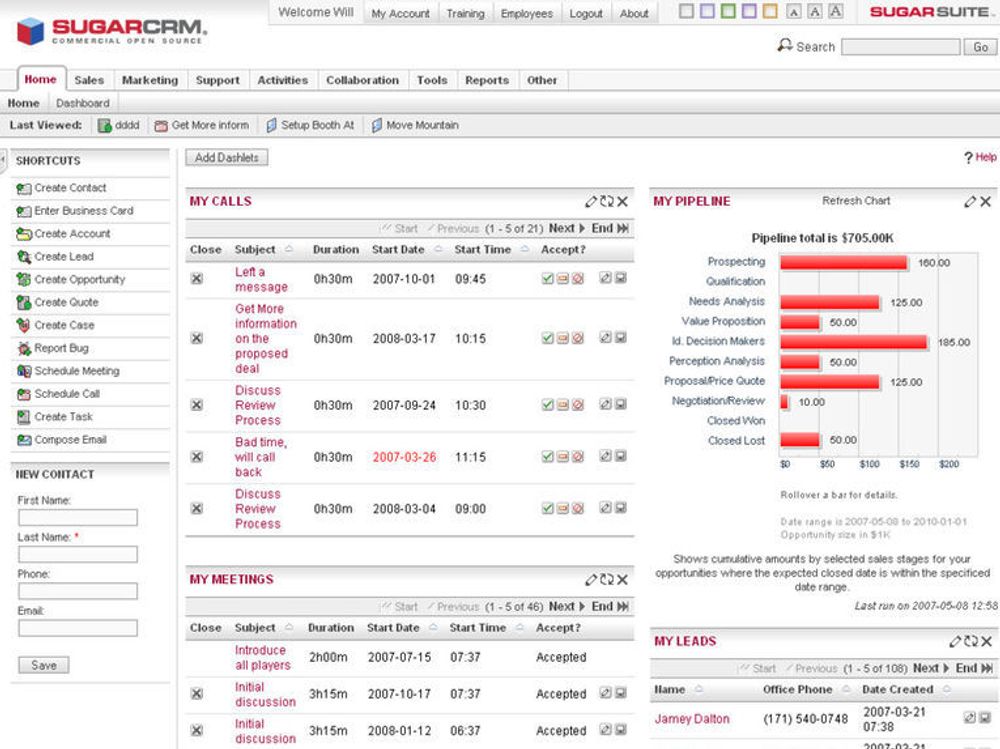 Åpningsskjermbildet i en typisk installasjon av friprogverktøyet SugarCRM for kundebehandling. Man får straks oversikt over alle typer meldinger inn og ut, alle møter, alle salgsprospekter, og hvordan det ligger an med helheten i salgsarbeidet.