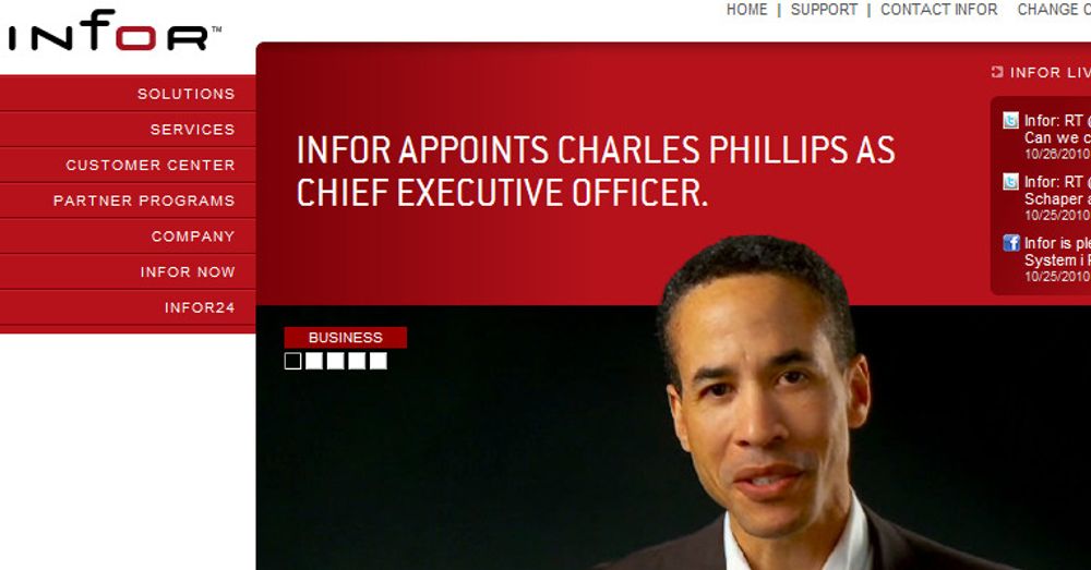 Faksimile av Infors nettsted: Selskapet er stolt over å ha fått Charles Phillips til å lede selskapet.