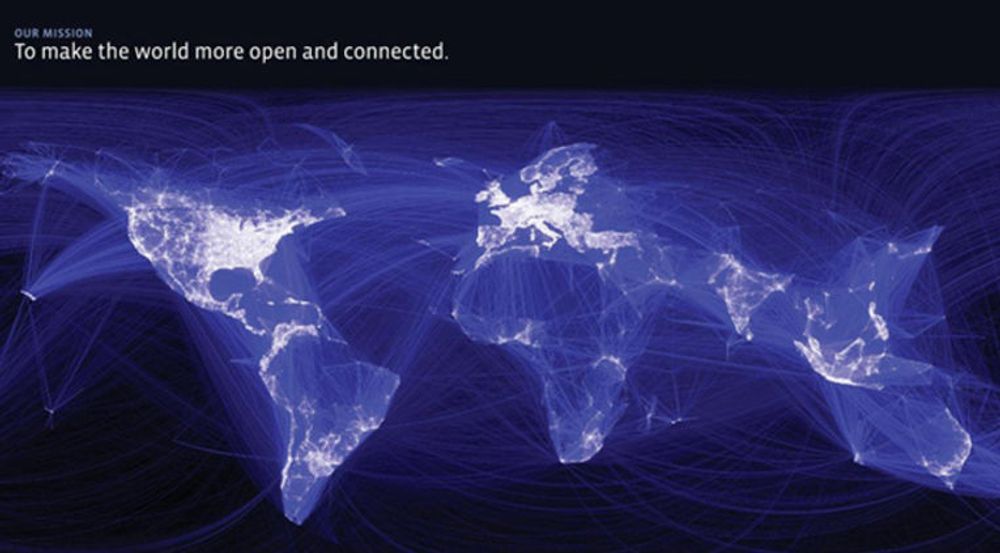 Facebooks erklærte misjon er å gjøre verden mer åpen og mer sammenknyttet. Her opplyses verdenskartet av intensiteten i Facebook-trafikken: Over 900 millioner brukere bidrar med over 3,2 milliarder "liker" og kommentarer daglig. De laster opp 300 millioner bilder hver dag, og det er til sammen 125 milliarder vennskapsbånd.