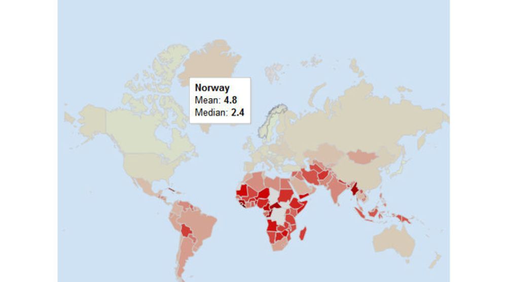 Jo mørkere farge landet vises med på kartet, desto lenger tid tar det å laste ned websider fra landet. Det mangler målinger for enkelte land sentralt i Afrika.