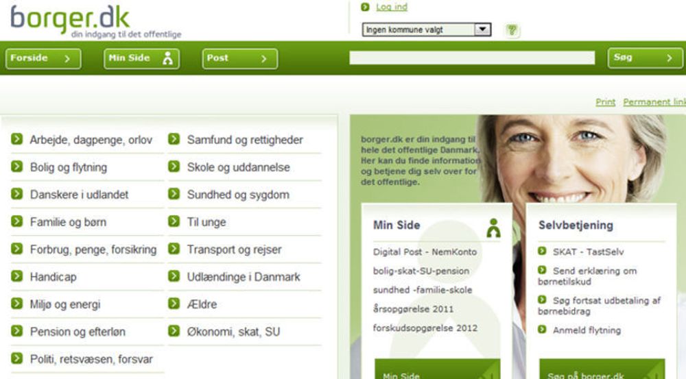 Den offentlige tjenesteportalen borger.dk er en av grunnene til at Danmark har passert Norge på FNs indeks for e-forvaltning. Portalen gir tilgang til alle offentlige tjenester, sentrale så vel som lokale. Den gir hver borger en elektronisk postkasse, som sparer samfunnet for tre milliarder kroner i porto.