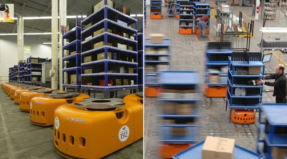 Kiva-roboter bærer hele reoler, og fører dem fram til lagerarbeiderne.