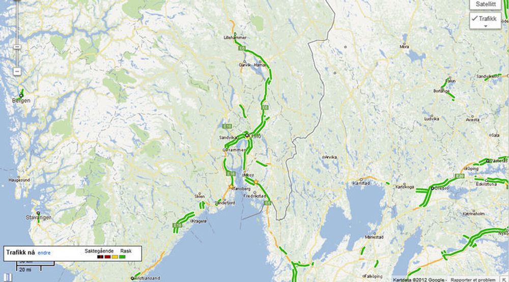 Visningen av trafikksituasjonen avhenger tilsynelatende av at det faktisk er en del trafikk på de aktuelle veiene. I Norge er det så langt bare motorveiene på Østlandet, samt enkelte veier omkring de største byene som er med.