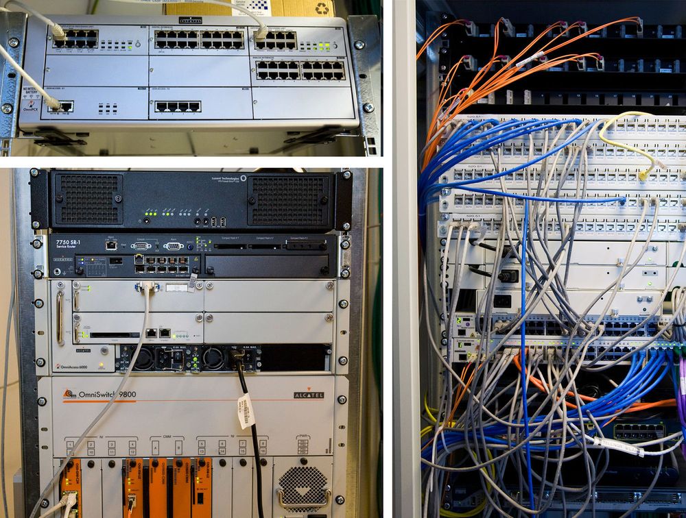 Fra serverrommet i Telenor Arena. Her er det samlet systemer for blant annet IPTV, IP-telefoni og sikkerheten. Det meste er levert av Alcatel-Lucent. Det hele er knyttet til en 100 Mbit/s Internett-forbindelse. 