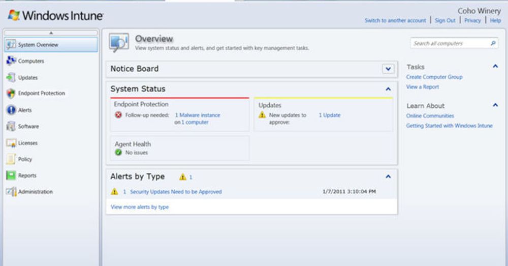 Det Silverlight-baserte administrasjonsgrensesnittet til Windows Intune.