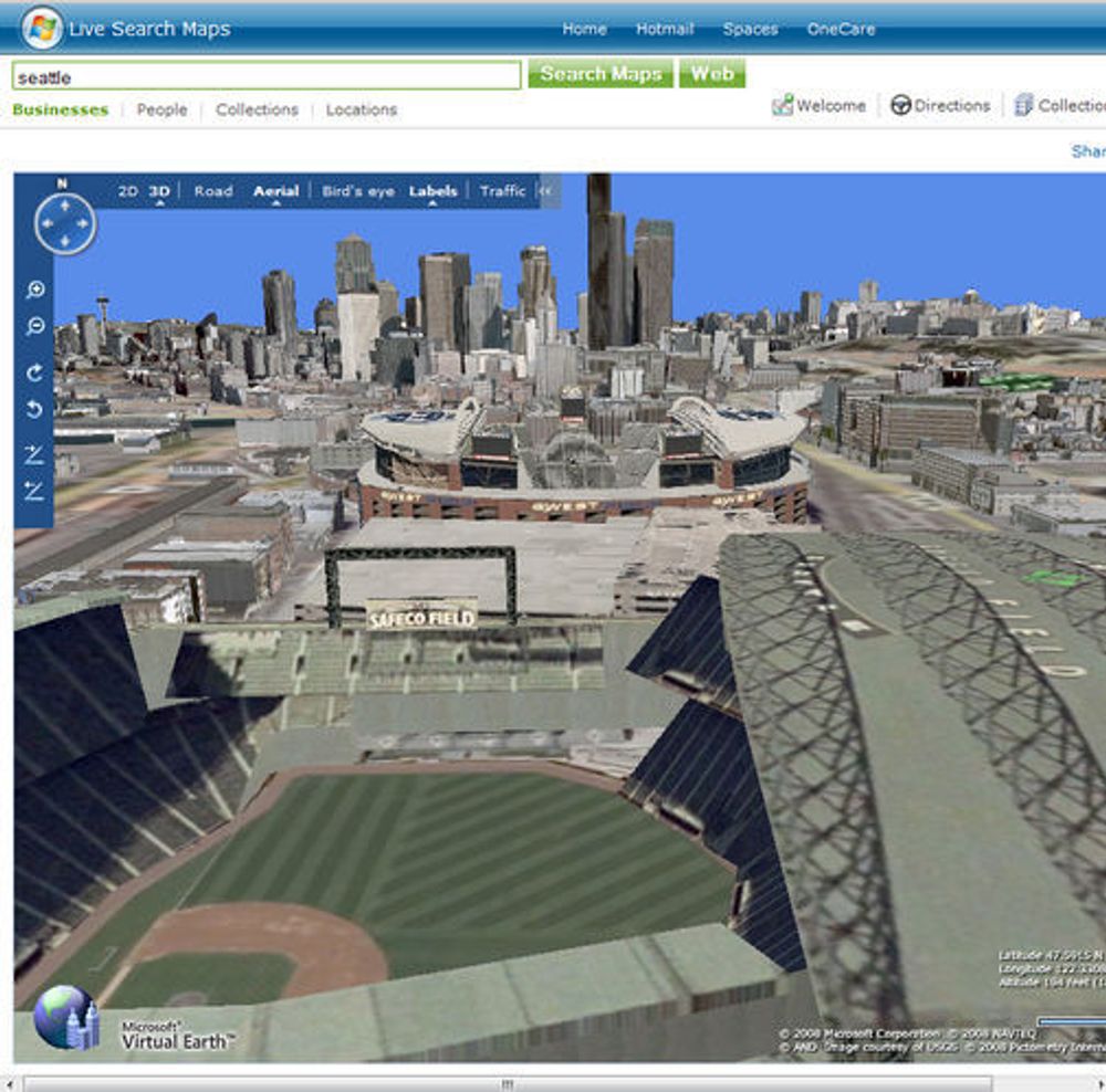 Live Maps og Virtual Earth 3D med bilder fra Seattle.