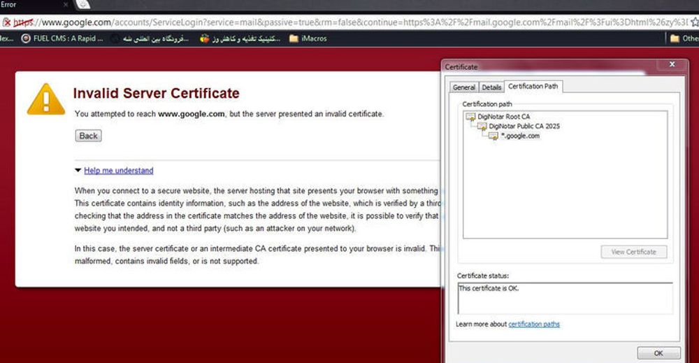 Advarselen den iranske brukeren av Google Chrome fikk da de besøkte Gmail.