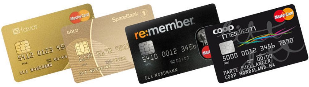 Eksempler på kredittkort fra EnterCard: (fv) LO, Sparebank 1. Remember (EnterCards egen merkevare) og Coop.