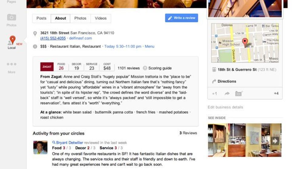 Integrasjonen mellom Google Steder, Google+ og Zagat er det nye i Google+ Lokalt.